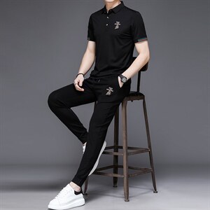 2023新款夏男士休闲运动短袖套装冰丝薄款印花半袖长裤两件套图片