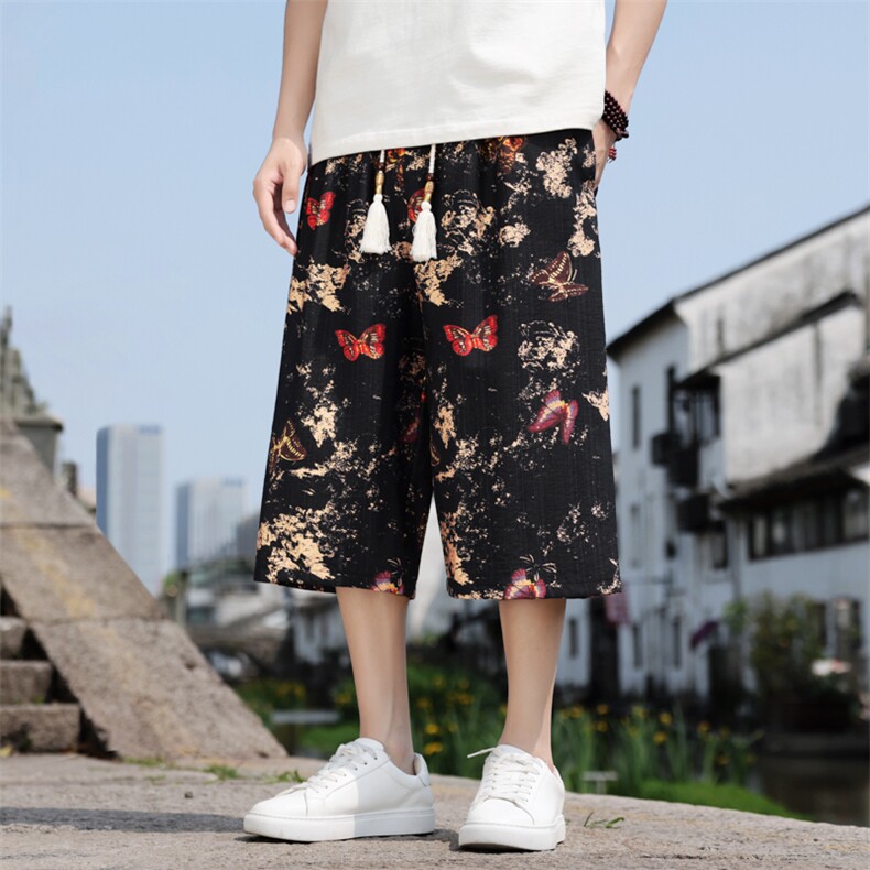 夏季超宽松七分裤棉麻潮流休闲裤风印花直筒A266-1-KZ770-P50,男装牛仔裤,电商A266-1
