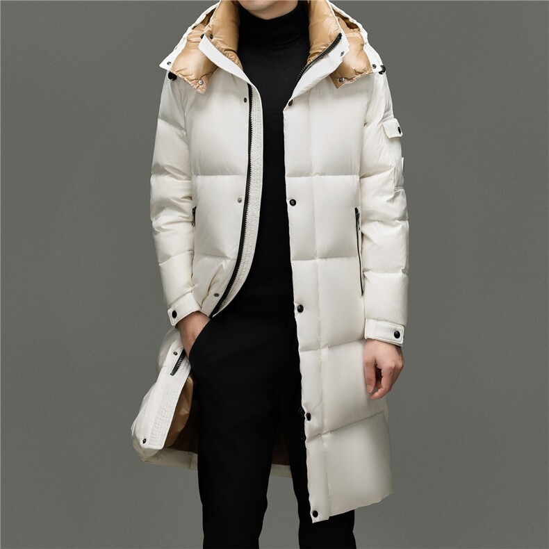 新款冬季男士连帽长款90%白鹅绒羽绒服大衣加厚300克羽绒外套图片