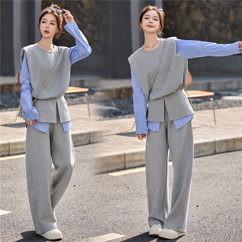 2026春新款休闲竖条衬衣拼接卫衣屁帘阔腿裤套装，女装套装/套裙，瑶迪依秀