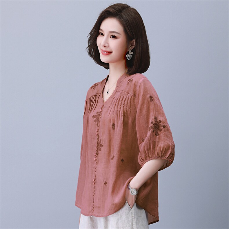2023夏季纯苎麻刺绣简约气质宽松时尚休闲显瘦舒适上衣,女装衬衫,独衣靓
