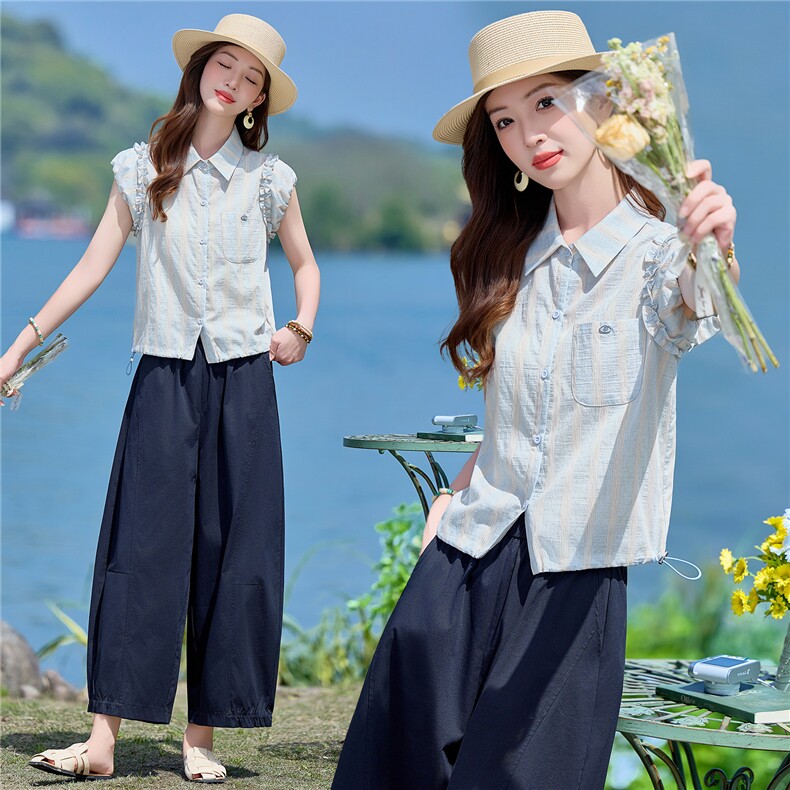 2026年夏季新款木耳边甜美衬衫阔腿裤两件套套装女，女装套装/套裙，依路服饰