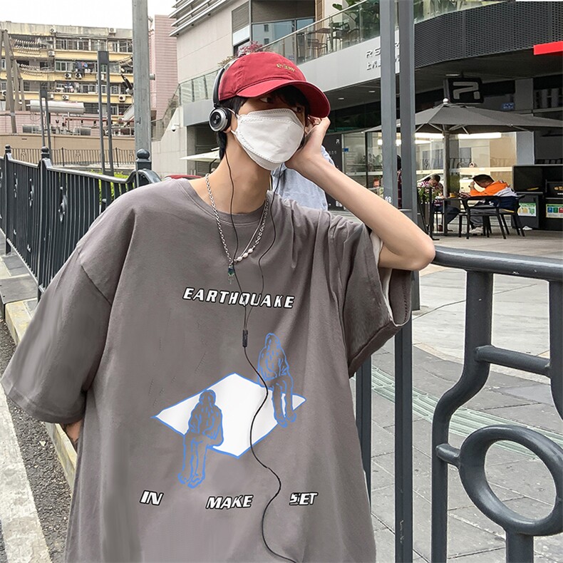 B239-D919-P28 夏季个性印花 落肩袖重磅短袖t恤男 美式高街图片