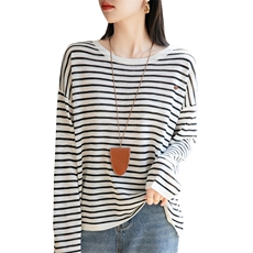 圆领拼色条纹针织衫长袖毛衣女竹节麻刺绣薄款上衣宽松慵懒打底衫，女装防晒衣，菲奥羊绒