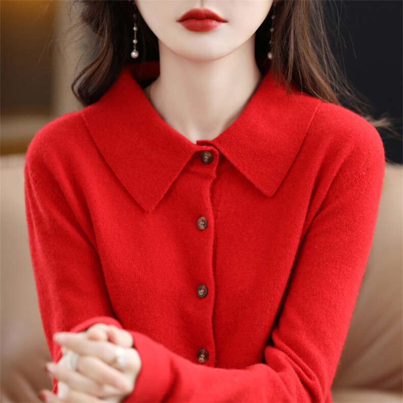 特价清仓羊绒开衫女polo领短款外搭宽松加厚长袖毛衣翻领针织外套,针织衫/毛衣,大美人包芯纱店