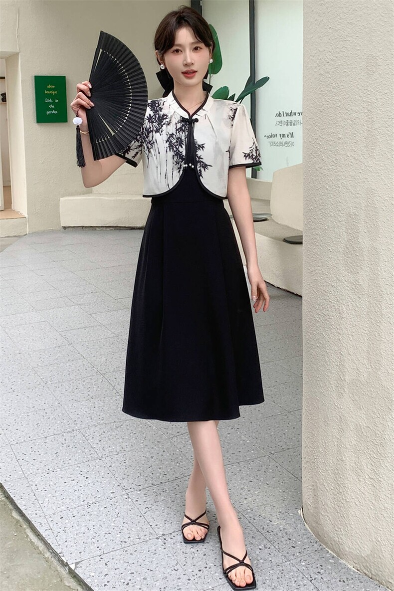 2025夏季新款时尚优雅风范复古盘扣两件套连衣裙,女装连衣裙,超帛