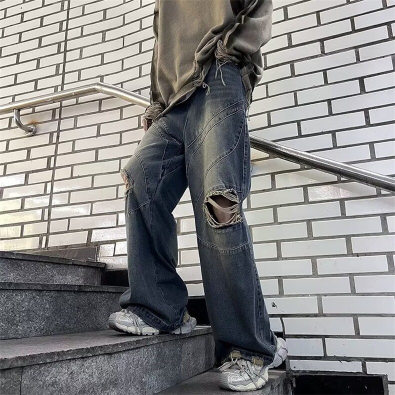 美式复古设计感破洞牛仔裤男秋冬宽松阔腿裤百搭ins潮RK1136-P51,男装牛仔裤,星座412-2