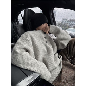 灰色美式复古亨利领毛衣男款冬季 网络图图片