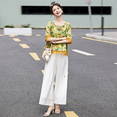 复古印花国风棉麻套装女2024夏新款洋气妈妈显瘦遮肉阔腿裤两件套，女装套装/套裙，魅影