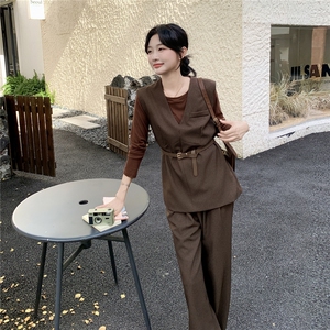 高级轻熟风穿搭咖色马甲套装女2025春秋超火好看阔腿裤气质三件套图片