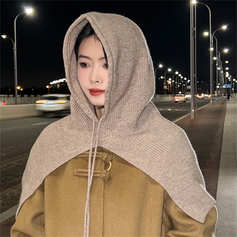 斗篷连帽披肩纯羊毛2024冬季帽子一体外搭套头护耳保暖针织围脖女,饰品披肩,朝思羊绒
