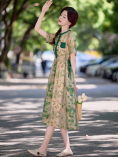 复古印花亚麻短袖连衣裙女2025夏季抽绳收腰显瘦显瘦休闲棉麻裙子，女装连衣裙，魅影