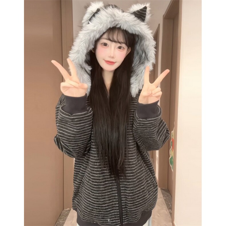 大毛领外套秋冬新款宽松开衫条纹连帽棉衣棉服外套M6034,男装棉衣,星座1116A（原606A-3）