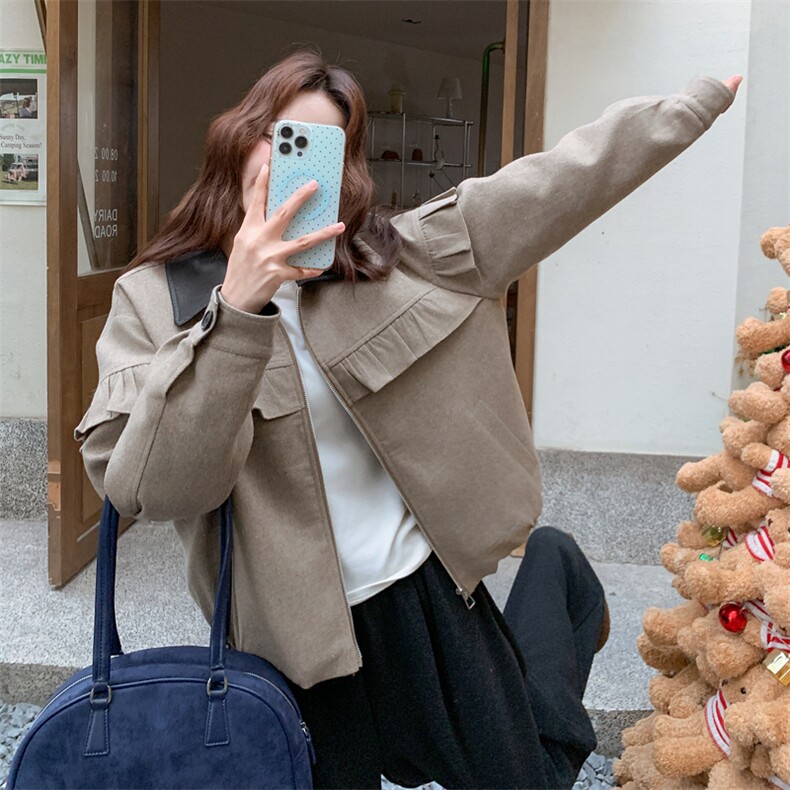 现货新款韩版时尚宽松休闲荷叶边羽绒服90绒外套女减龄白鸭绒上衣，女装派克服，韩然一族