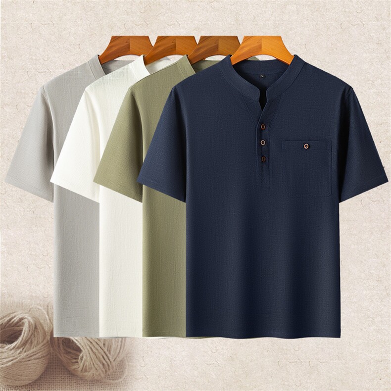 主推风亚麻套装男大码V领唐装中老年棉麻T恤爸爸夏装短袖，男装T恤，钱塘723