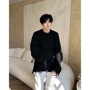 破洞设计感圆领毛衣秋冬季复古潮流针织衫上衣