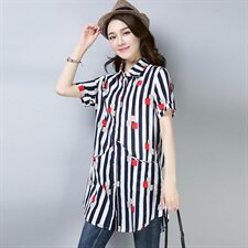 衬衫2025年夏季短袖中长款修身条纹时尚休闲舒适简约气质印花显瘦，女装衬衫，风姿绰