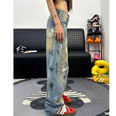 美式男女泼墨涂鸦阔腿牛仔裤设计感小众时尚显瘦直筒裤AM7802P50，男装牛仔裤，星座1013-5