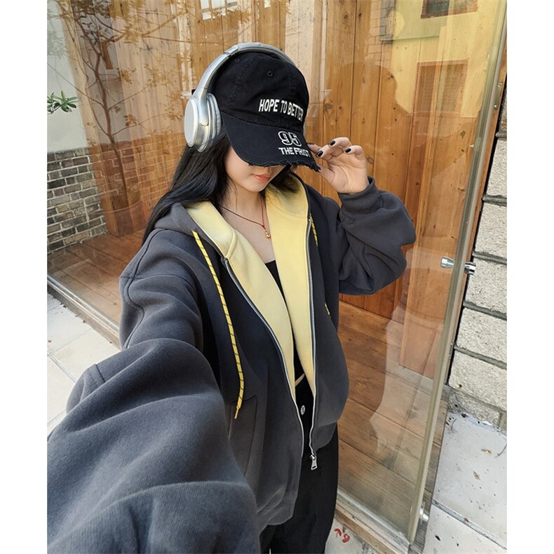 抖音得物二开美式高街重磅结构双层撞色连帽卫衣开衫外套W116,男装卫衣,电商A486