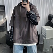 新款春秋季拼接假两件格子连帽卫衣男士韩版宽松潮流外套w126-p38,男装卫衣,星座1008-2
