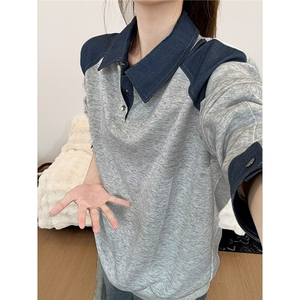 网图翻领拼接卫衣POLO衫秋季穿搭痞帅设计感打底衫YY827-P45图片