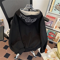 W10462-P53网图现货重磅双拉链卫衣宽松连帽开衫美式休闲外套，女装短外套，星座1608