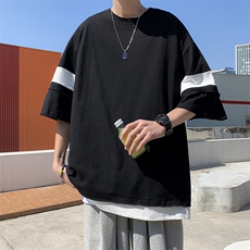 港风夏款男圆领短袖拼接拼色T恤纯棉五分短袖T恤衫T230P33，男装T恤，星座1013-1