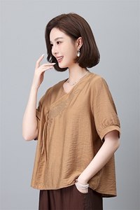 优雅刺绣短袖衬衫女宽松显瘦V领上衣夏季新款时尚百搭女装图片