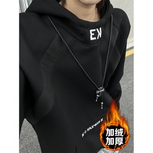 白花灰色高领连帽加绒卫衣男女秋冬美式拼接刺绣外套硬挺内搭套头图片
