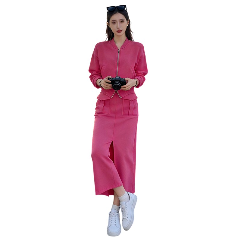 纯色连帽拉链开衫卫衣套装女春季新款时尚减龄开叉半身裙两件套潮,女装套装/套裙,2C310