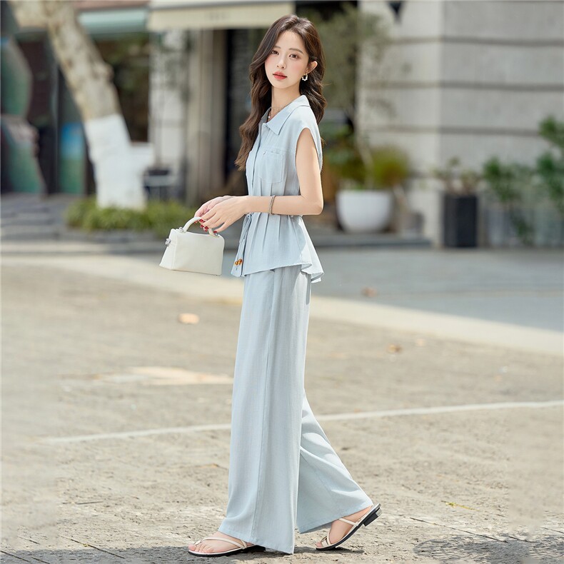 2026夏季新款韩系减龄收腰衬衫上衣+直筒裤两件套,女装套装/套裙,难舍钰依