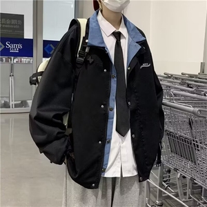 美式复古假两件拼接翻领夹克男潮牌宽松百搭痞帅休闲外套W05 P70图片