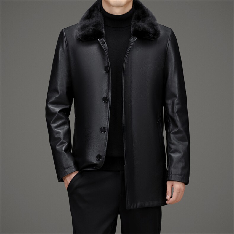 MJ7799R海宁真皮羽绒皮衣男可脱卸水貂毛领头层牛皮白鸭绒皮风衣，男装风衣，电商B360