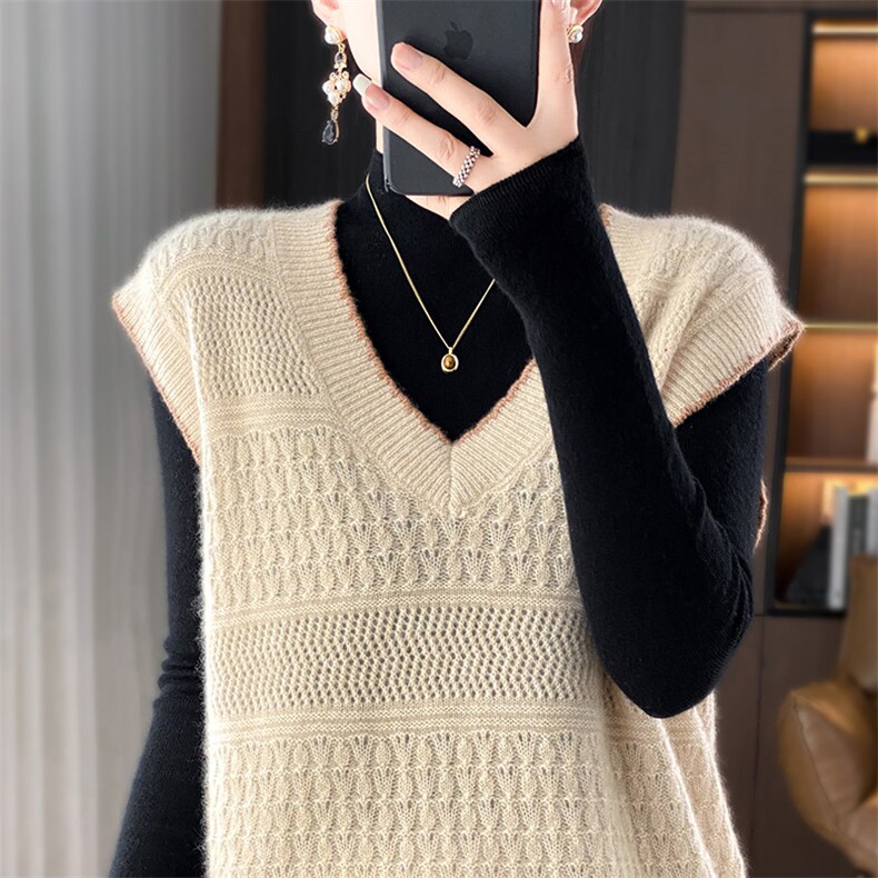 V领麻花纯色羊毛马甲女中长款2024秋冬新款宽松显瘦针织，女装马甲，琳华羊绒