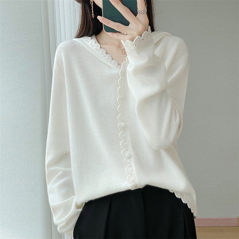 秋冬100%纯羊毛衫针织开衫女花边连帽长袖毛衣宽松羊绒衫外套帽衫，女装针织衫/毛衣，江南羊绒