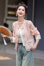 新中式国风外套女夏季薄款宽松复古刺绣盘扣蕾丝防晒衣外搭上衣，女装短外套，半夏