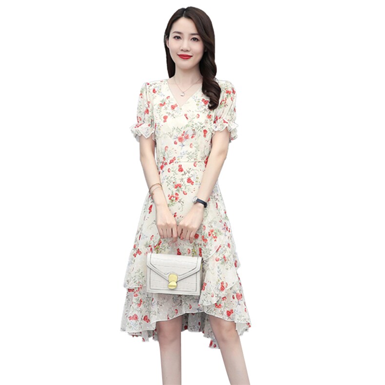 2023夏季新款时尚优雅气质V领花边不规则裙摆印花连衣裙,女装连衣裙,多彩