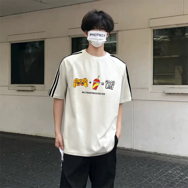 抖音得物高品质二开240克宽松纯棉美式潮牌三条杠织带短袖T恤,男装T恤,电商A486-1