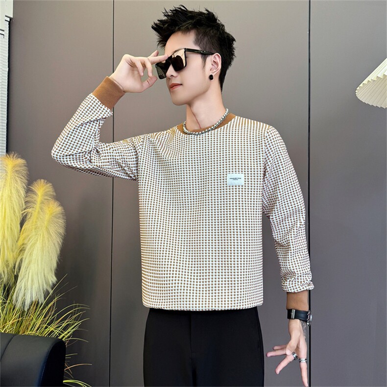 W7806-P58控78春秋季男千鸟格外套圆领长袖T恤2025新款男装上衣内,男装T恤,星座102A（原电商D309-1）