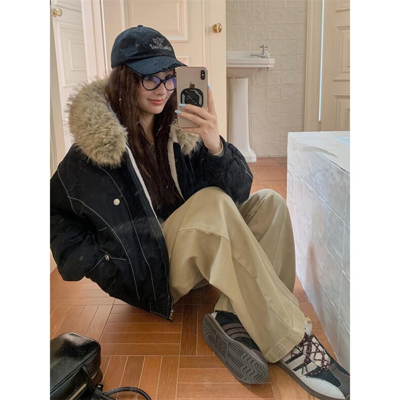 现货重磅boxy短款棉衣座山雕大毛毛领男女棉服水洗工装厚外套，男装棉衣，电商A486