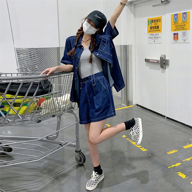 深蓝色休闲牛仔套装女2024夏新款宽松短袖衬衫高腰阔腿短裤两件套,女装套装/套裙,菡迪欧娜