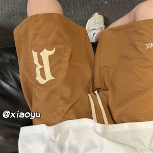 华夫格休闲短裤男夏季美式高街潮牌oversize运动百搭五分宽松裤子图片