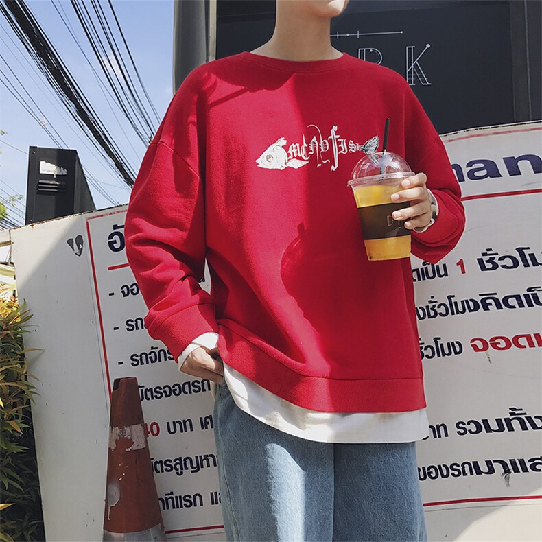 假两件卫衣男士长袖t恤圆领韩版潮流打底衫鱼印花上衣服DS45T,男装卫衣,电商A102