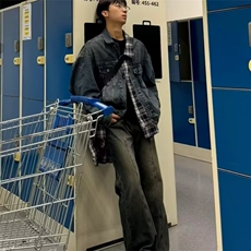 假两件拼接格子牛仔外套男款美式复古潮牌炸街工装牛仔衣痞帅夹克，男装工装外套，星座601-1