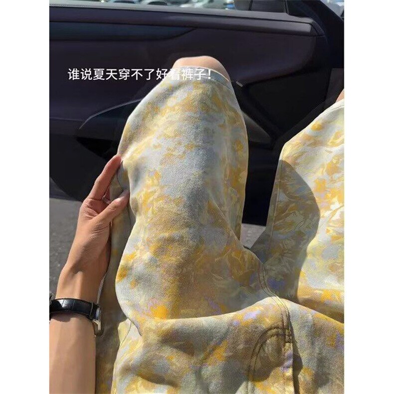 W10082-P43 网图现货 美式印花牛仔短裤夏季潮牌宽松直筒五分裤图片