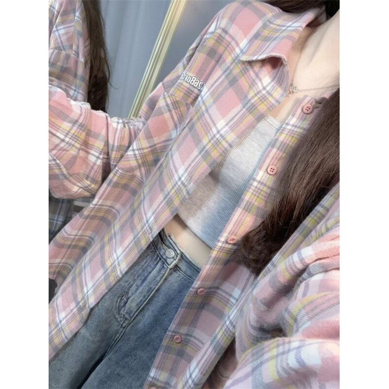 美式复古粉色格子衬衫女设计感小众防晒长袖格纹衬衣外套CA170，男装防晒衣，星座1116A（原606A-3）