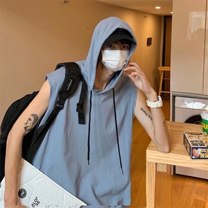 港风高街宽松无袖t恤夏季韩版ins潮流短袖连帽背心男 T961-P25图片