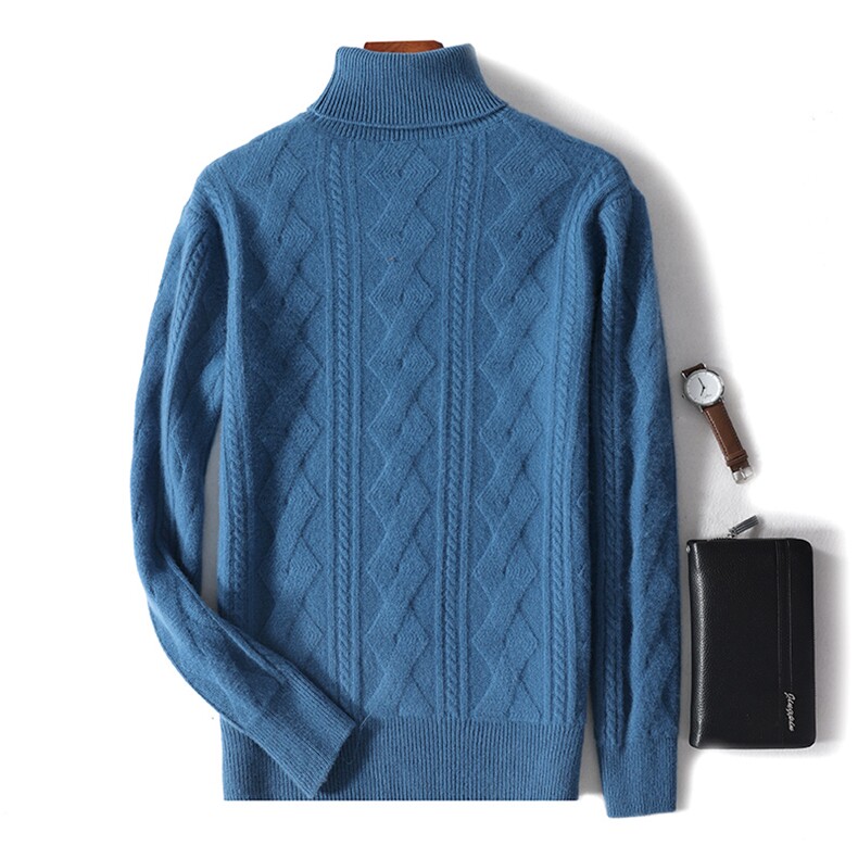 秋冬季新款舒适时尚百搭男士加厚大麻花高翻领羊毛衫男装，男装羊毛衫，绒韵雅