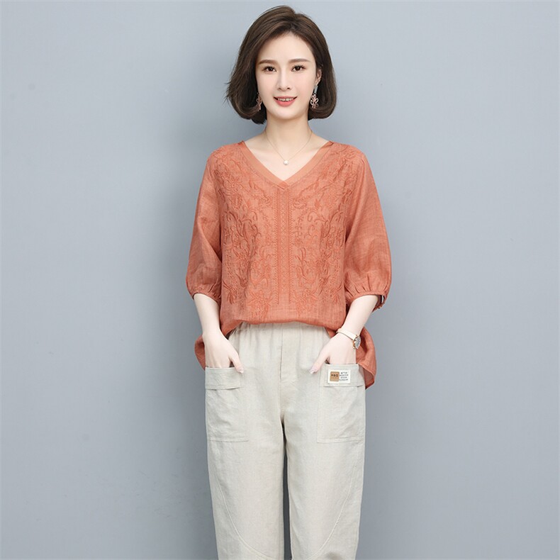 苎麻t恤女短袖2024夏季新款大码宽松中老年妈妈气质五分袖体恤衫,女装蕾丝衫/雪纺衫,独衣靓