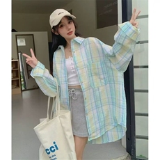 小清新薄荷绿polo领格子衬衫女2025春秋新款幂式穿搭长袖衬衣外套，男装衬衫，星座506A